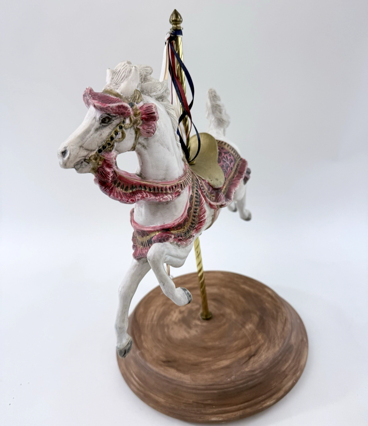 Large 13” Ceramic Carousel Horse Figurine with Ribbons Pink And Gold Trim