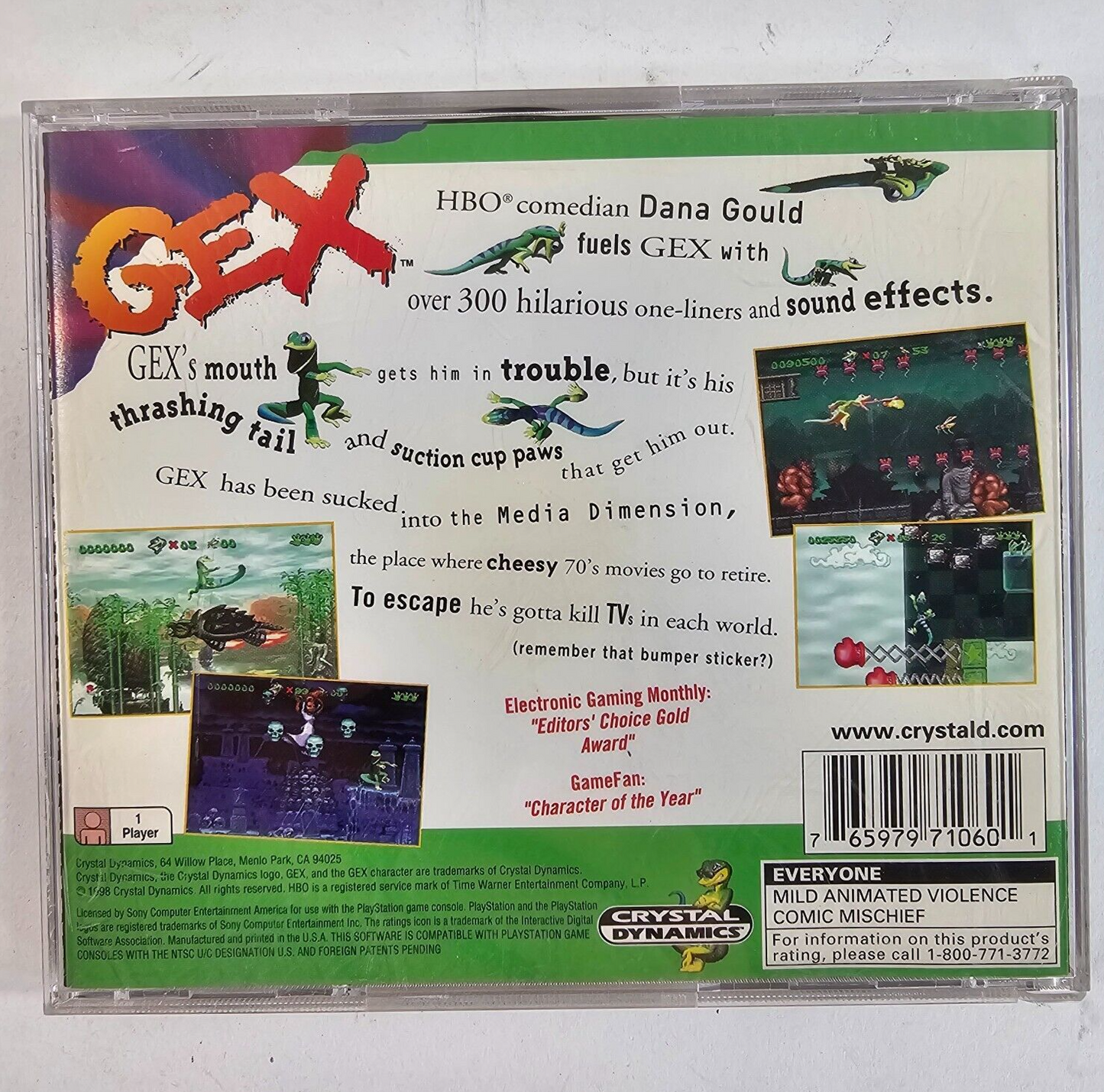 Gex (Sony PlayStation 1, 1996) Game, Case, and Back Cover Art - No Manual
