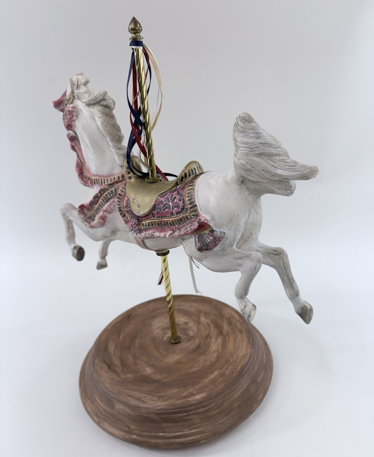 Large 13” Ceramic Carousel Horse Figurine with Ribbons Pink And Gold Trim