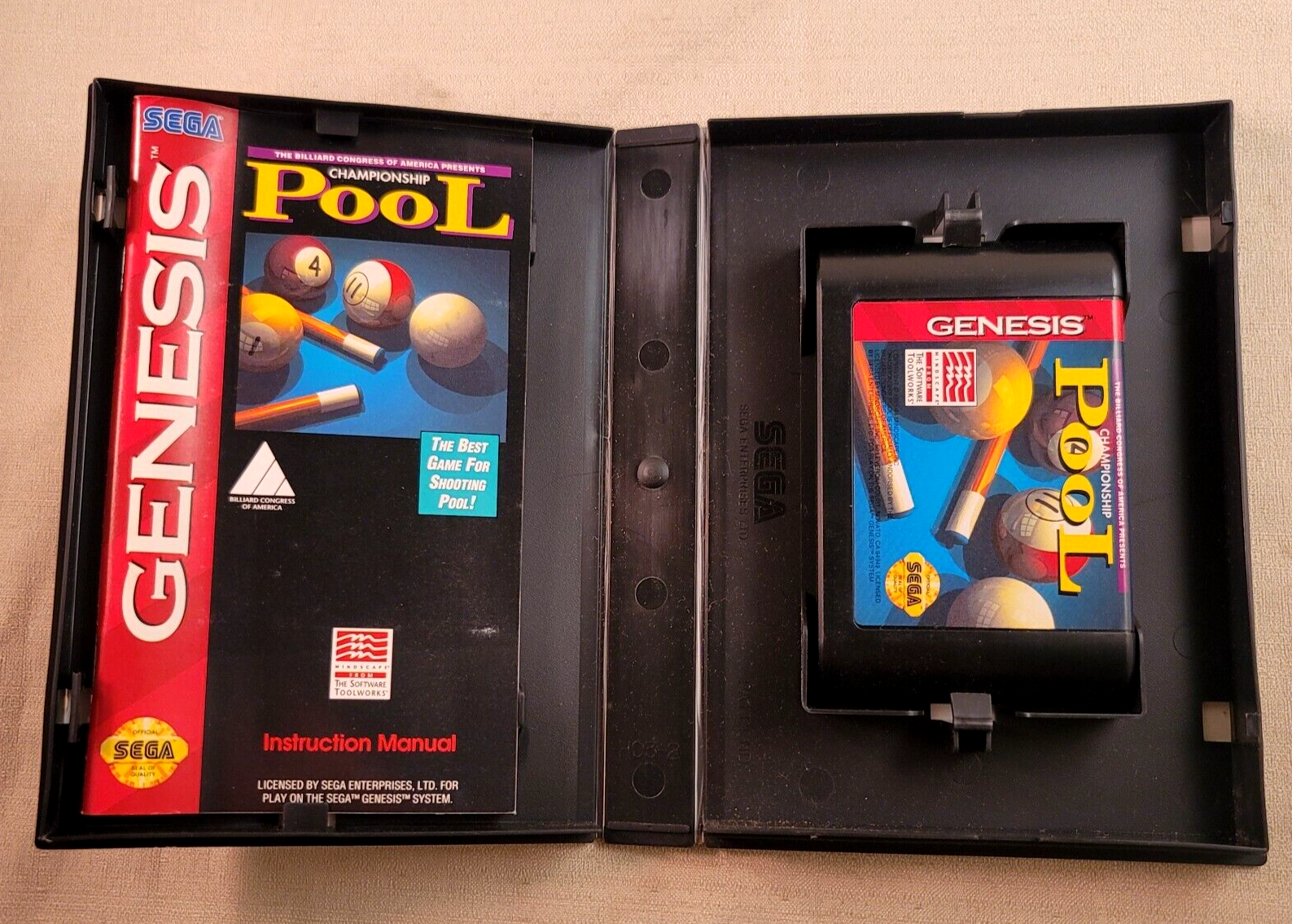 Championship Pool (Sega Genesis, 1993) Game Case Manual - Tested and Working