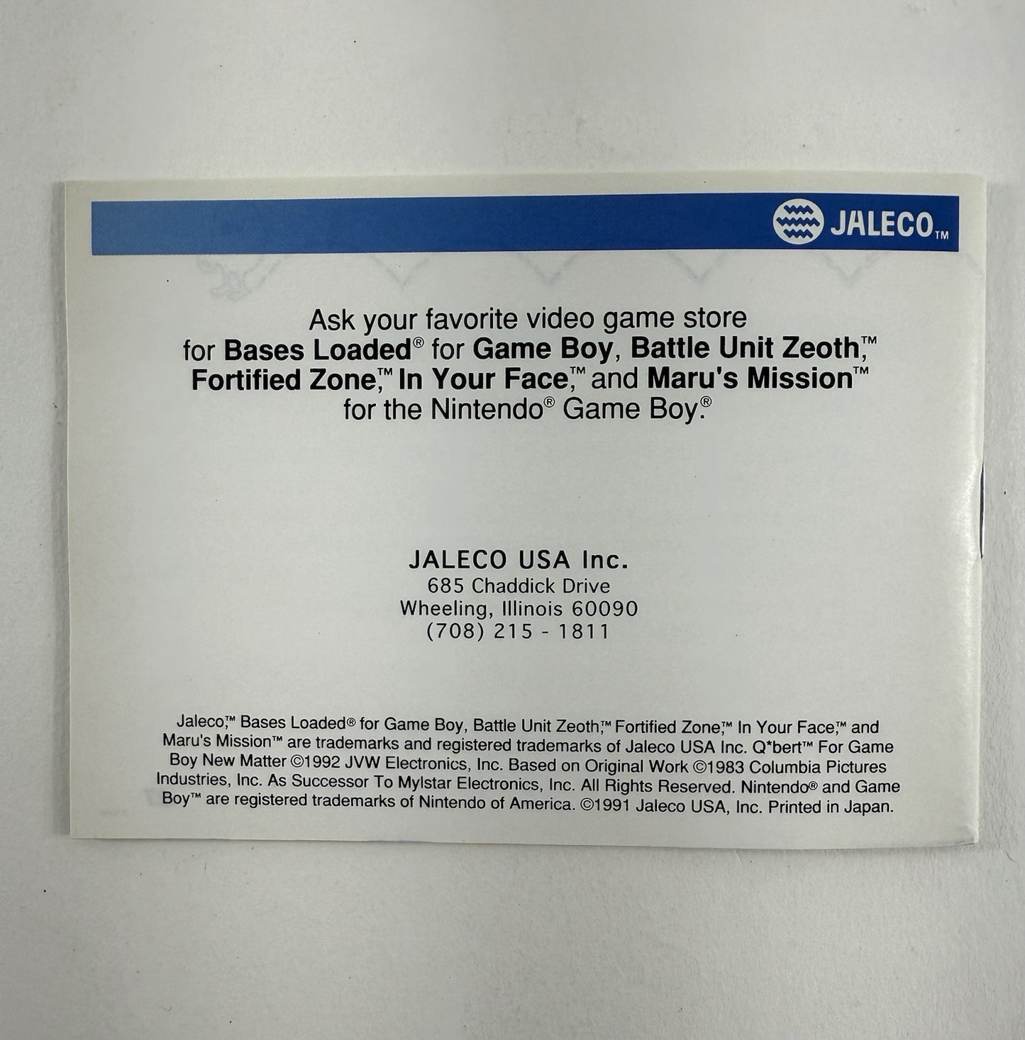 Q*Bert (Nintendo GameBoy, 1991) Game Box Manual Registration Inserts - Tested