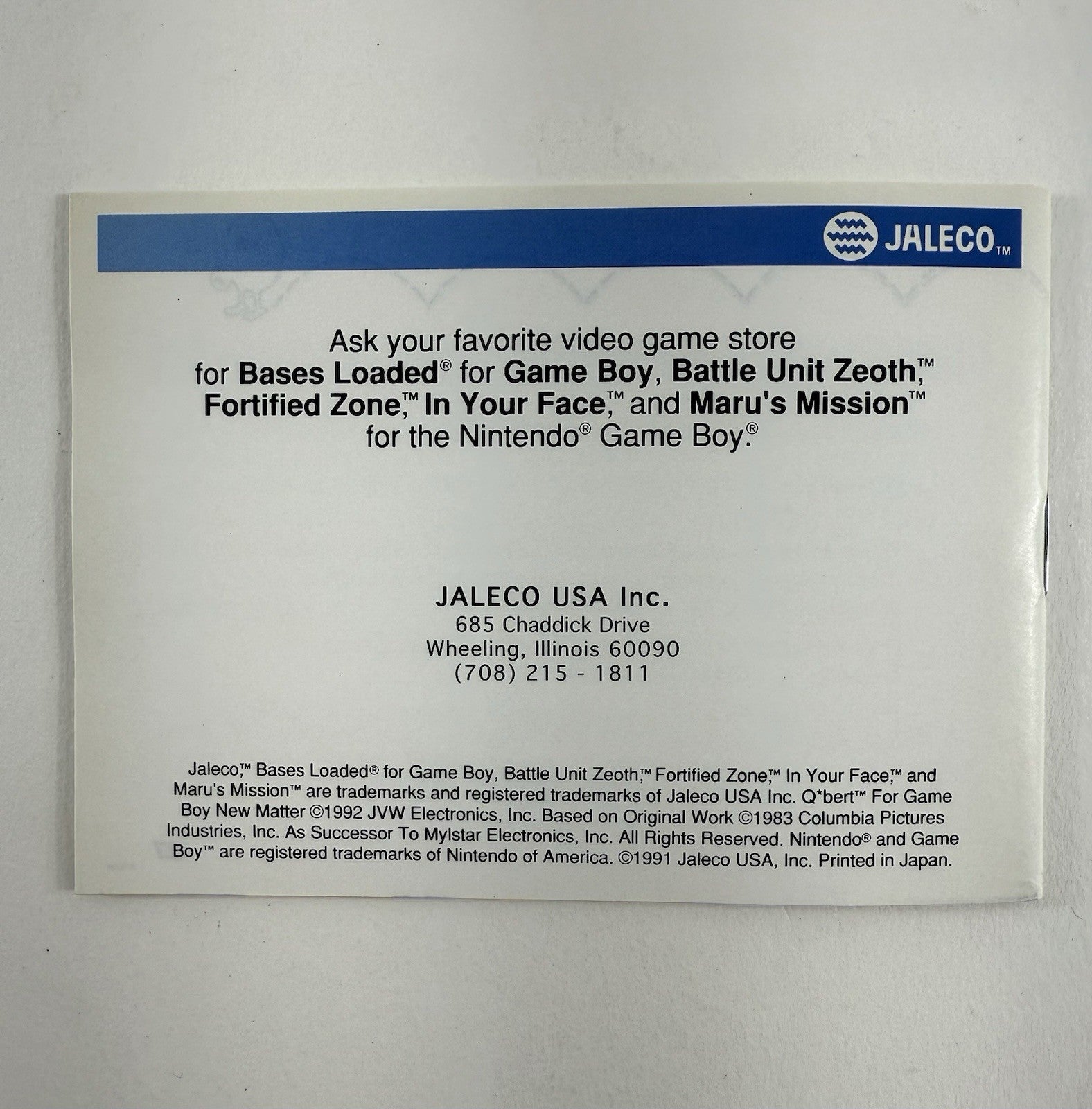 Q*Bert (Nintendo GameBoy, 1991) Game Box Manual Registration Inserts - Tested