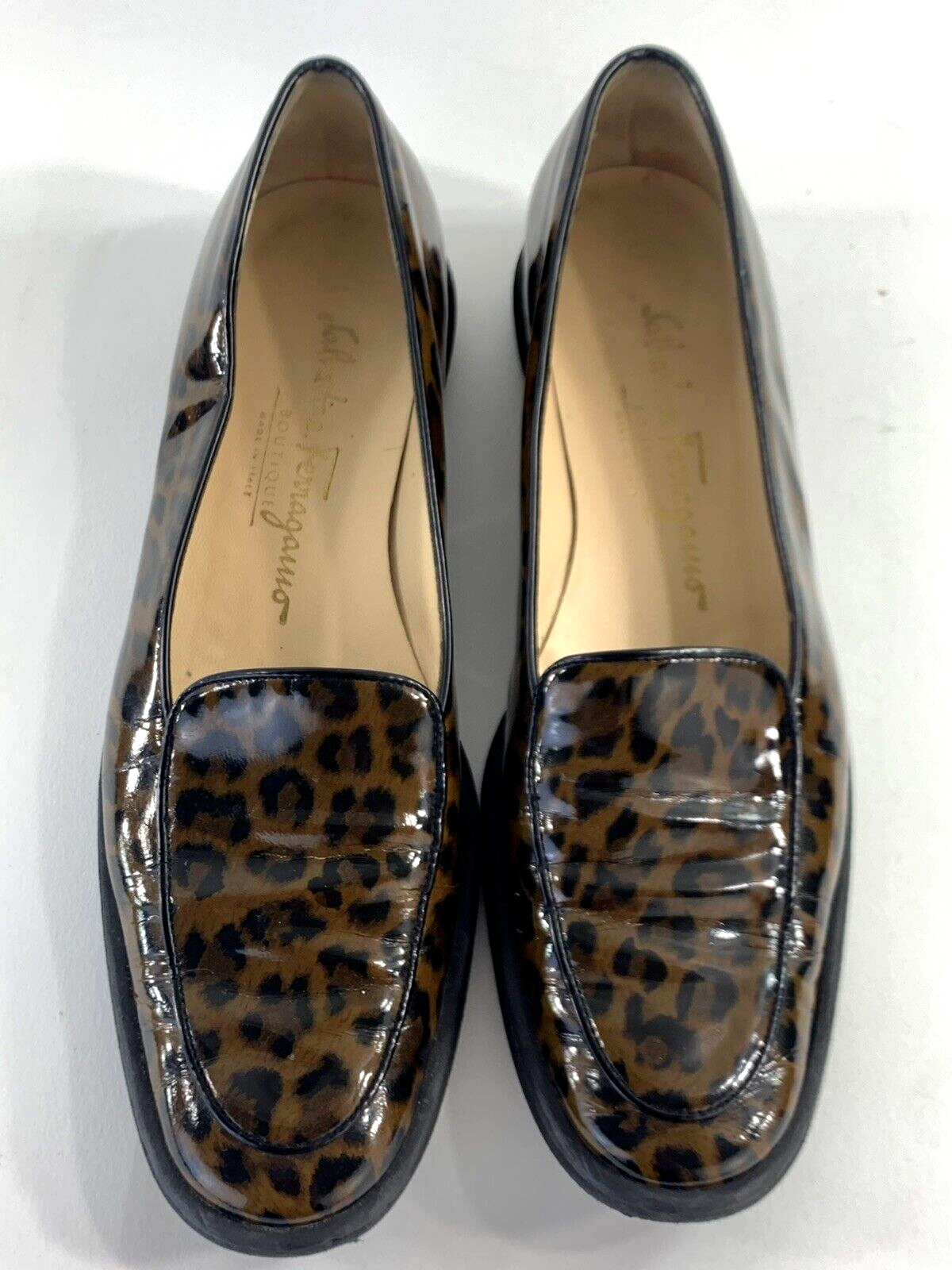 Salvatore Ferragamo Cognac Size 7 AA Leopard Print Brown Patent Leather Flats