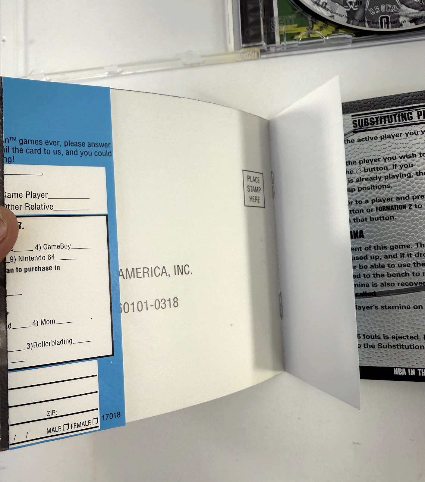 NBA: In the Zone 2 (Sony PlayStation 1, 1996) Game Case Manual Registration Card