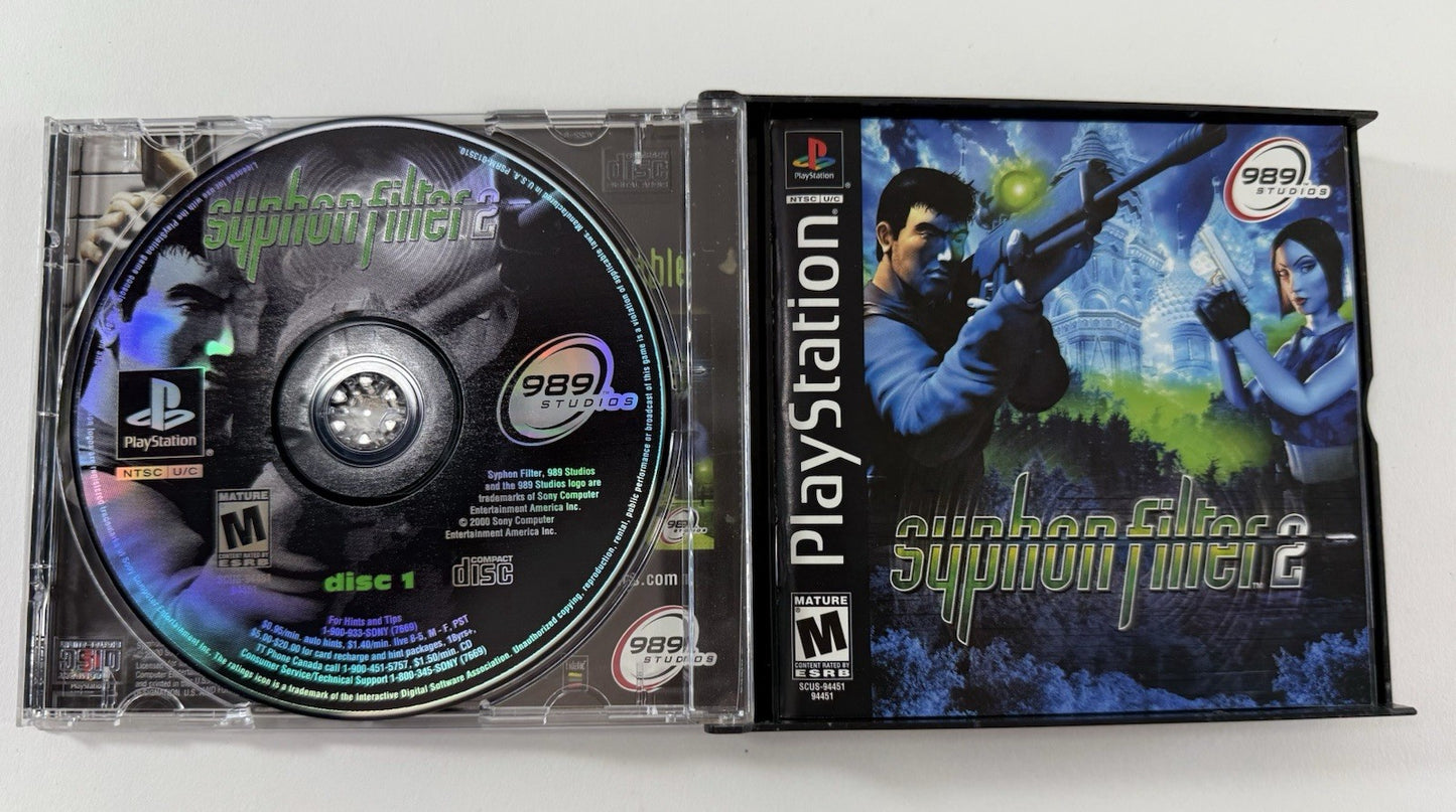 Syphon Filter 2 (Sony PlayStation 1, 2000) Game Discs, Case, Manual - Tested