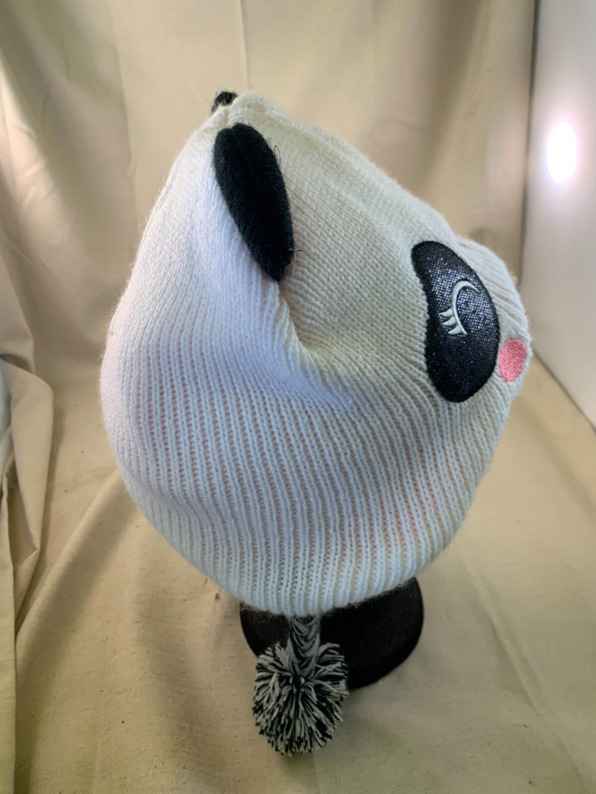 Girl's Knit Hat White & Black Panda Fleece-Lined Warm Kawaii