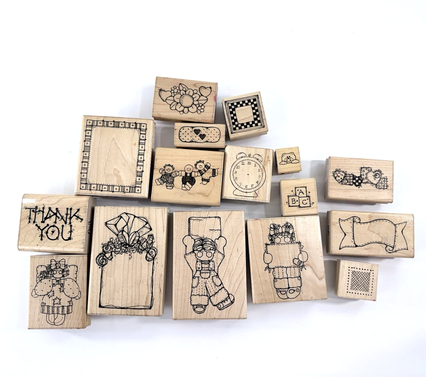 16 Pcs D.O.T.S. Wood Mounted Rubber Stamps Mixed Designs Dolls Frames Borders