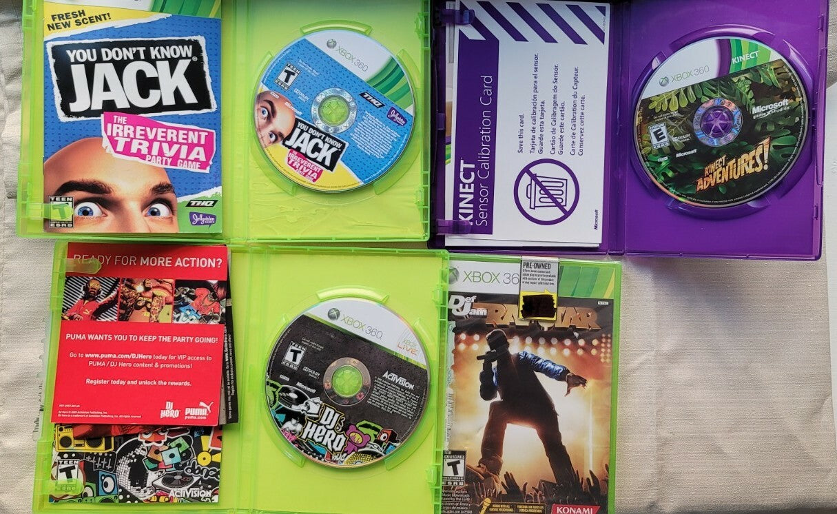 Microsoft Xbox 360 bundle - Kinect Adventures, DJ Hero, Rapstar, Don't Know Jack