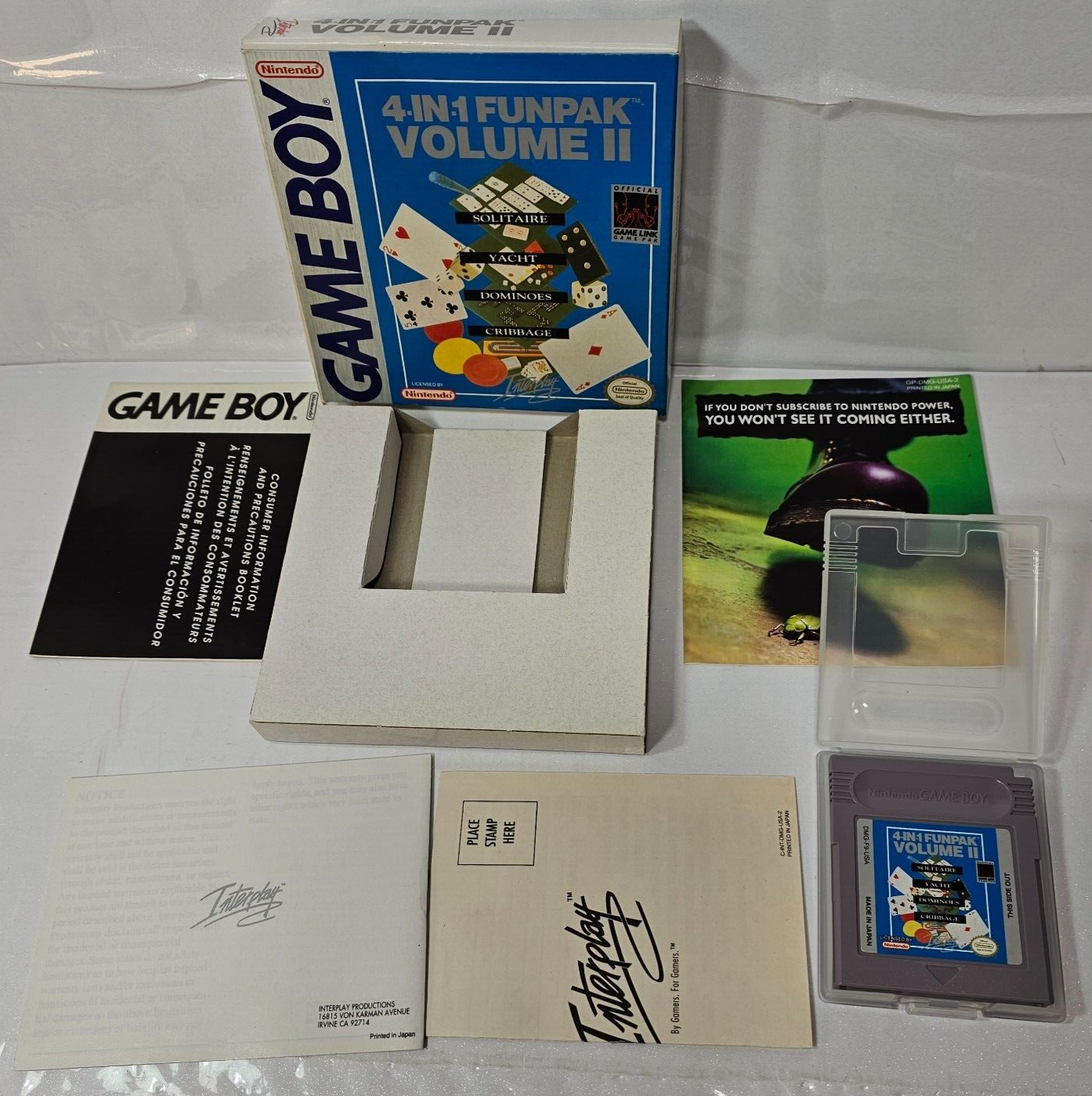 4 in 1 Funpak Volume II (GameBoy, 1993) Game Box Manual Inserts Registration