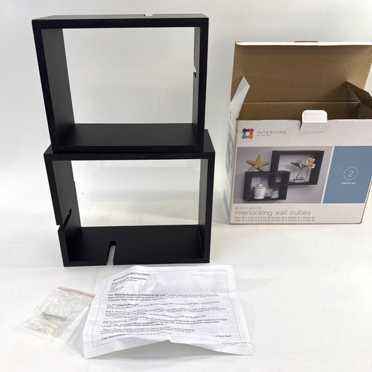 Interiors By Design Black Wooden Interlocking Wall Cubes  2-Piece Set - Open Box