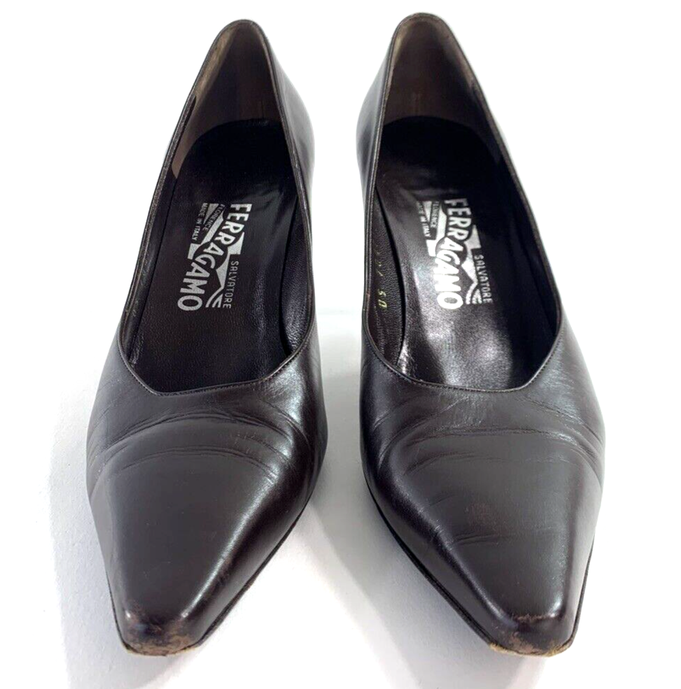 Salvatore Ferragamo Size 7.5 AA Brown Leather Heels Pointed Toe Dress Shoes