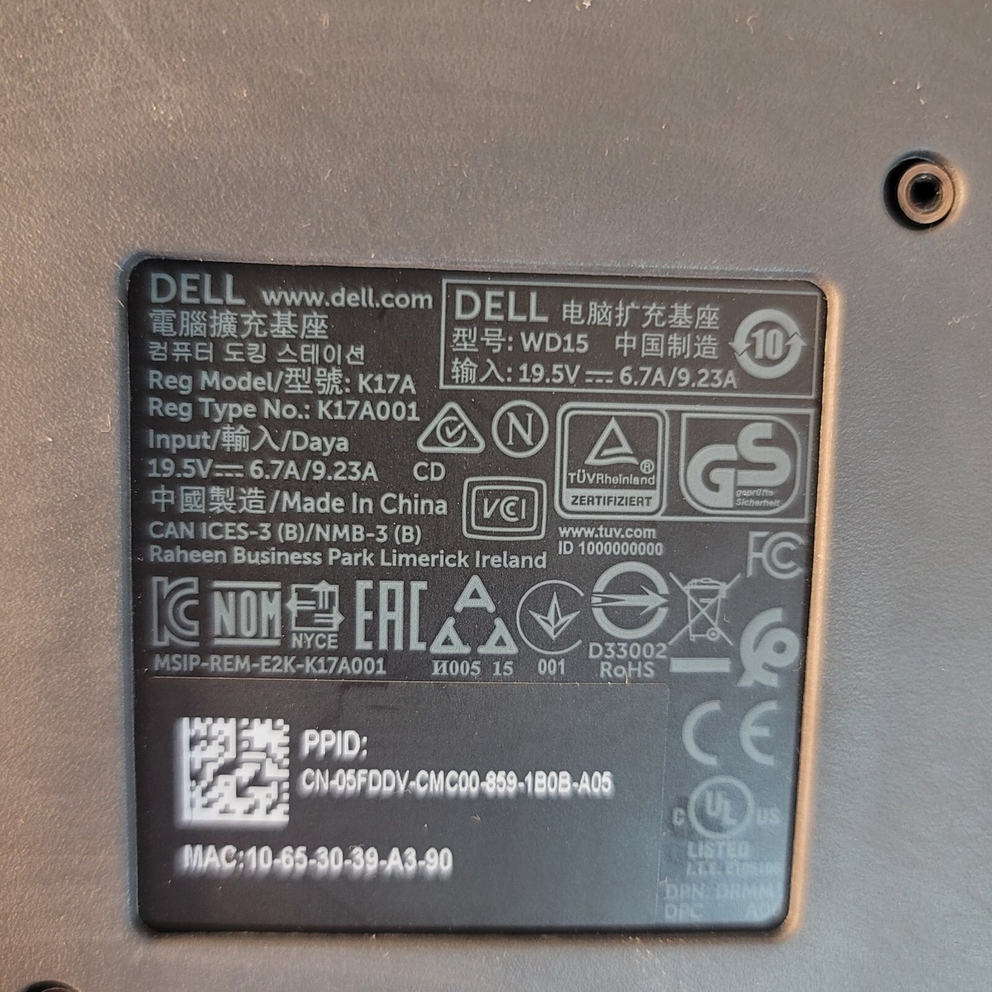 Dell WD15 4K USB-C Docking Station K17A K17A001 5FDDV with Charger - Tested