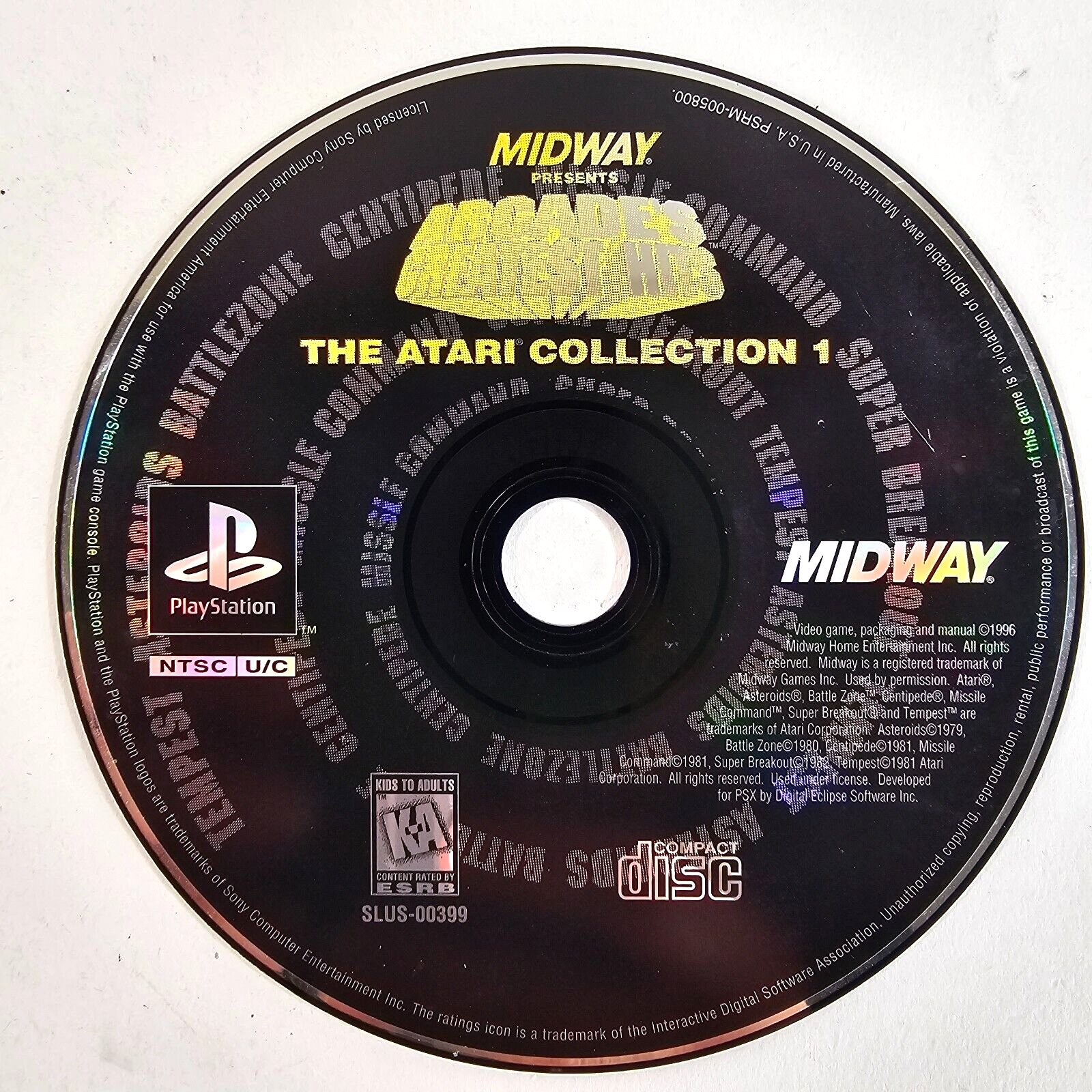 Arcade's Greatest Hits: Atari Collection 1 (PlayStation, 1996) Game Disc -Tested