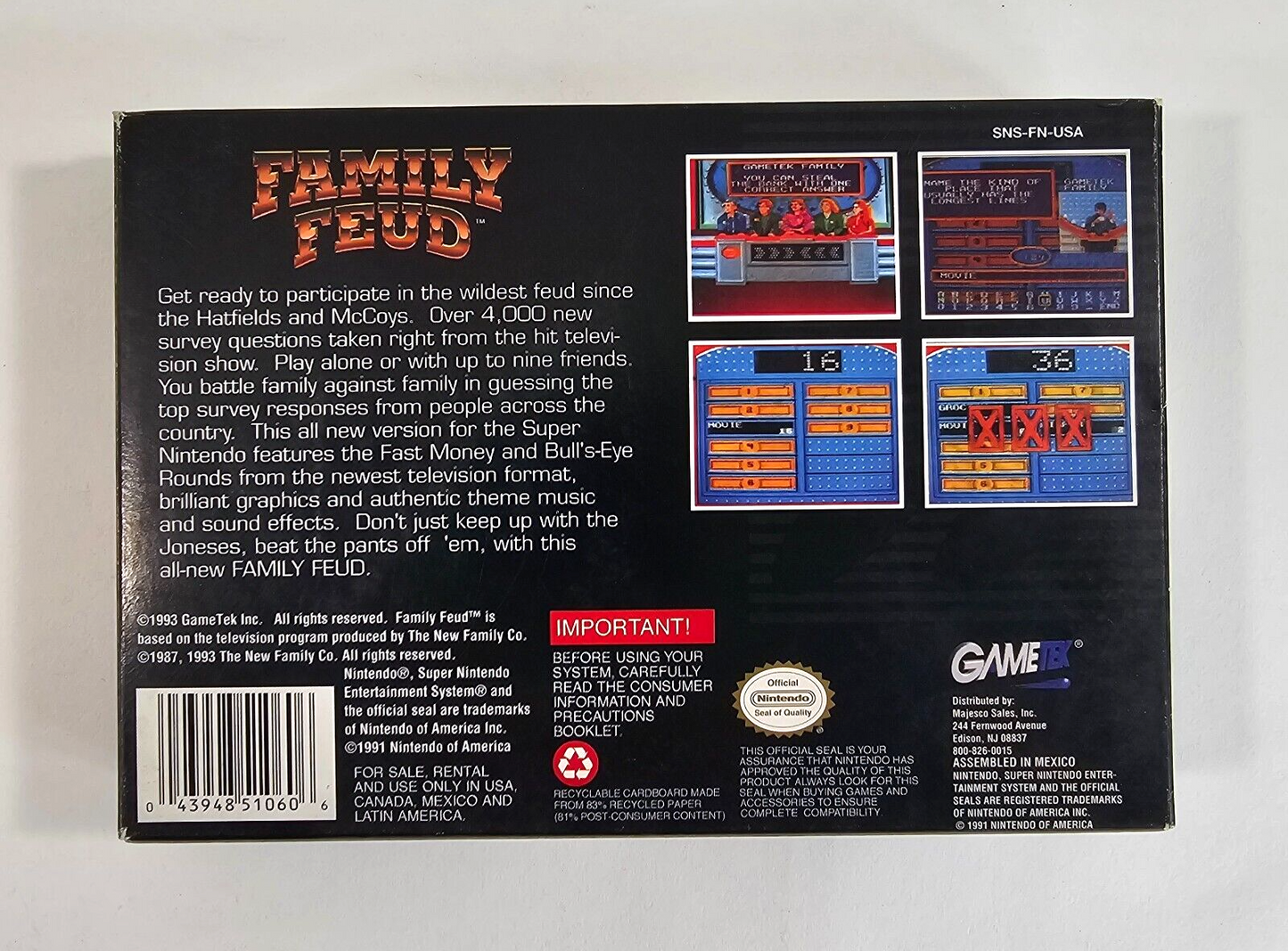 Family Feud (Super Nintendo Entertainment System, 1993) Game Box Manual Insert