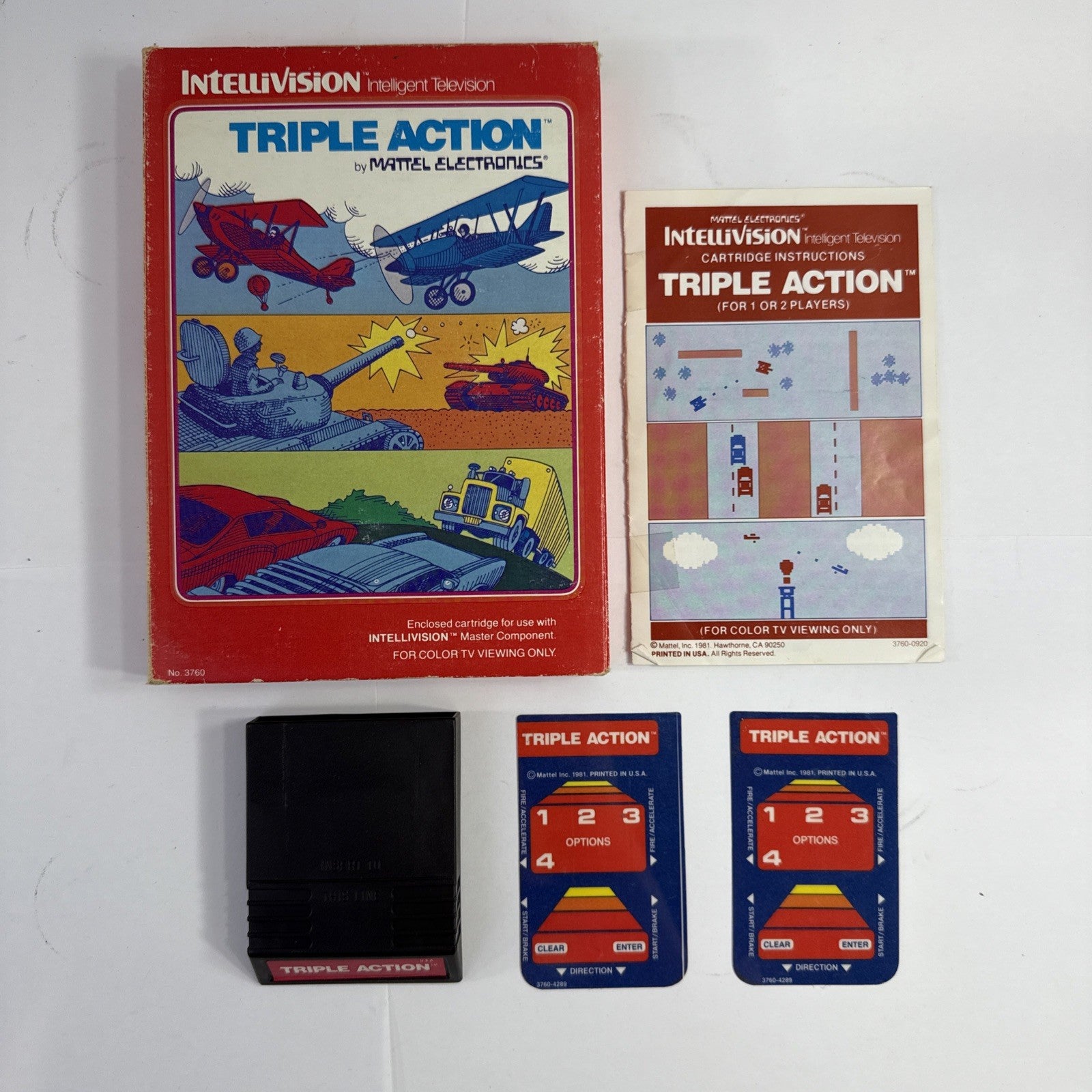Triple Action (Intellivision, 1981) Game, Case, Manual, Overlays - Tested