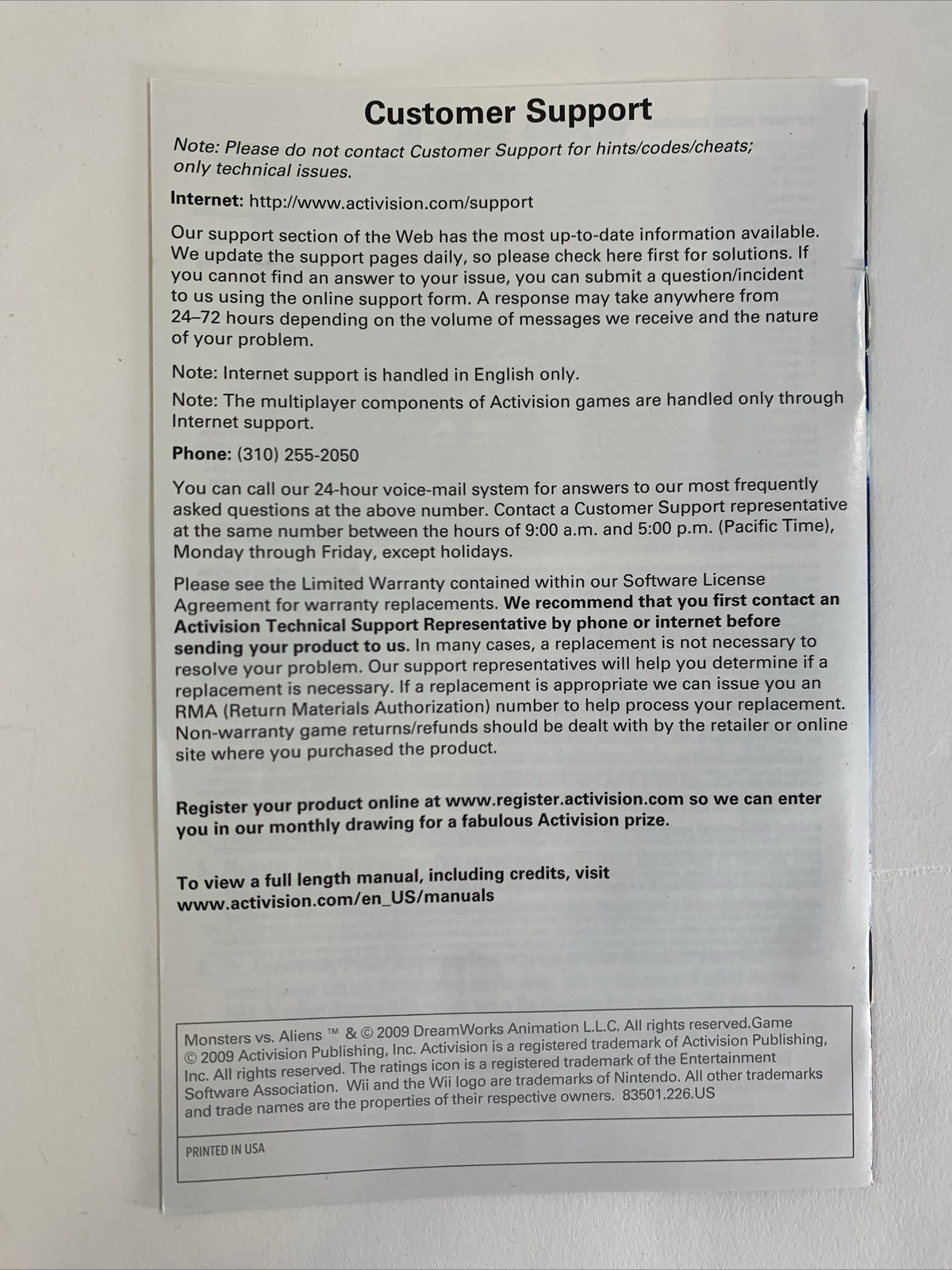 Monsters vs. Aliens (Nintendo Wii, 2009) Game Case Manual - Tested and Working