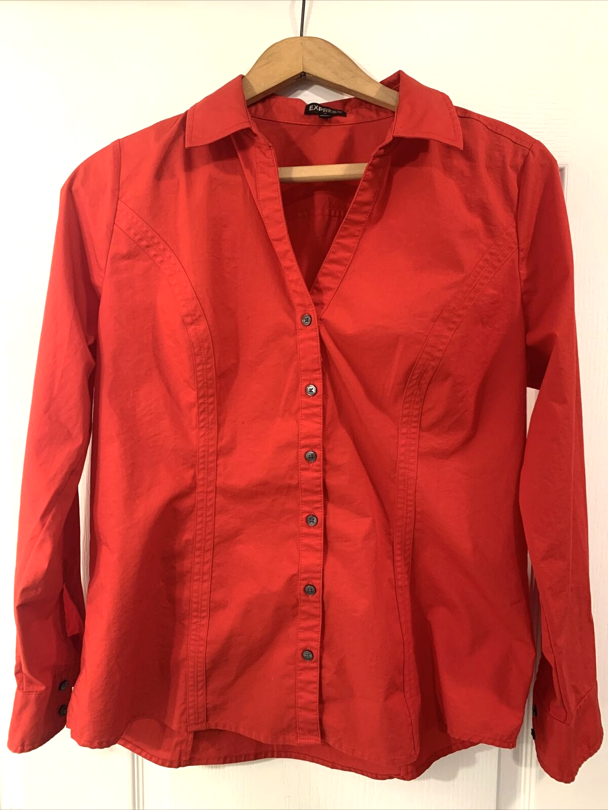 Express Women's Button Up Long-Sleeve Essential Large Red Business Casual Top