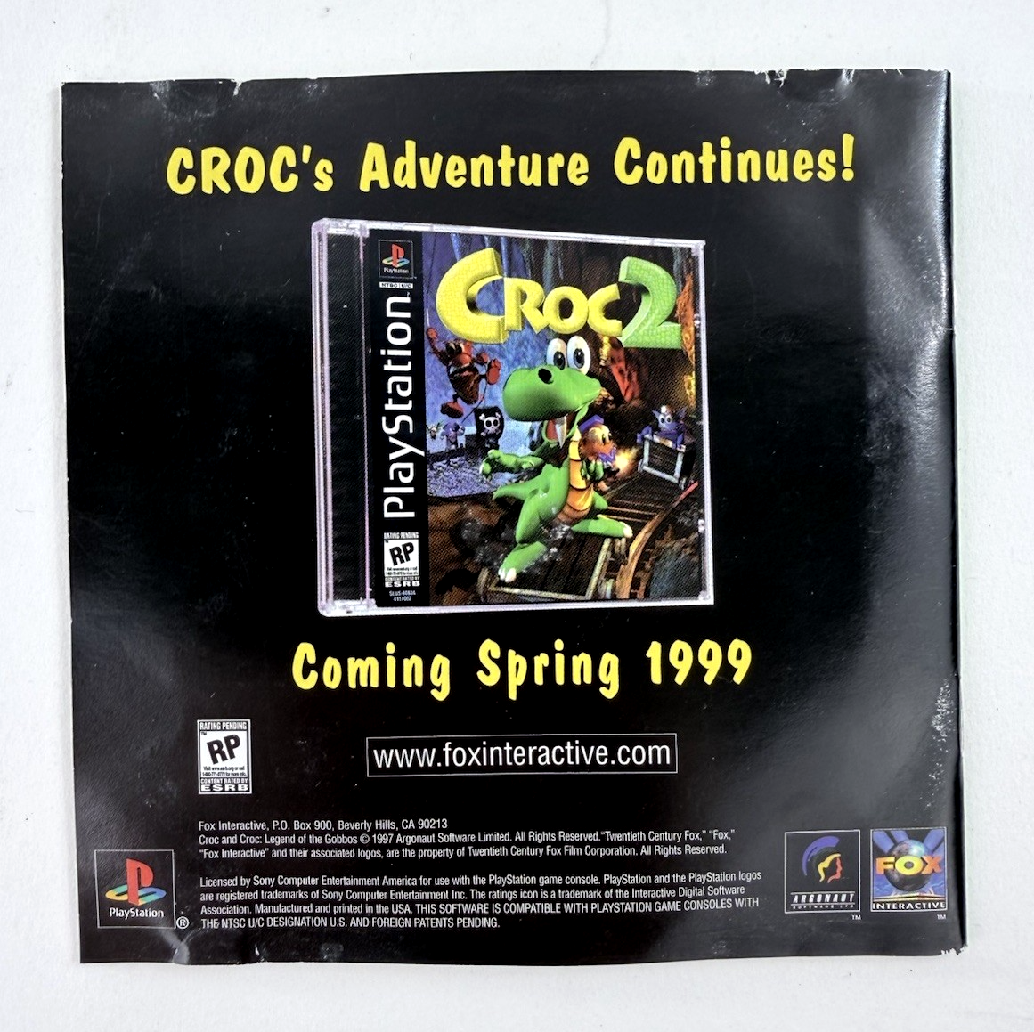Croc: Legend of the Gobbos (PlayStation 1, 1998) Game Case Manual Registration