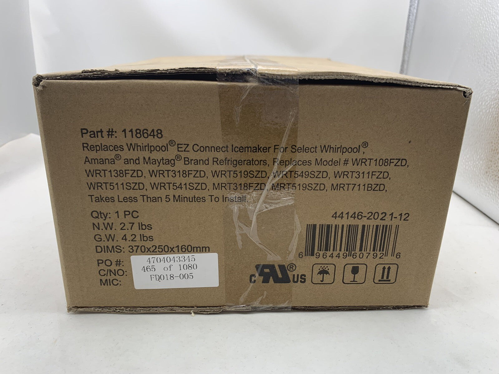 Replacement Ice Maker Kit Replaces Whirlpool EZ Connect Ice Maker Part#: 118648