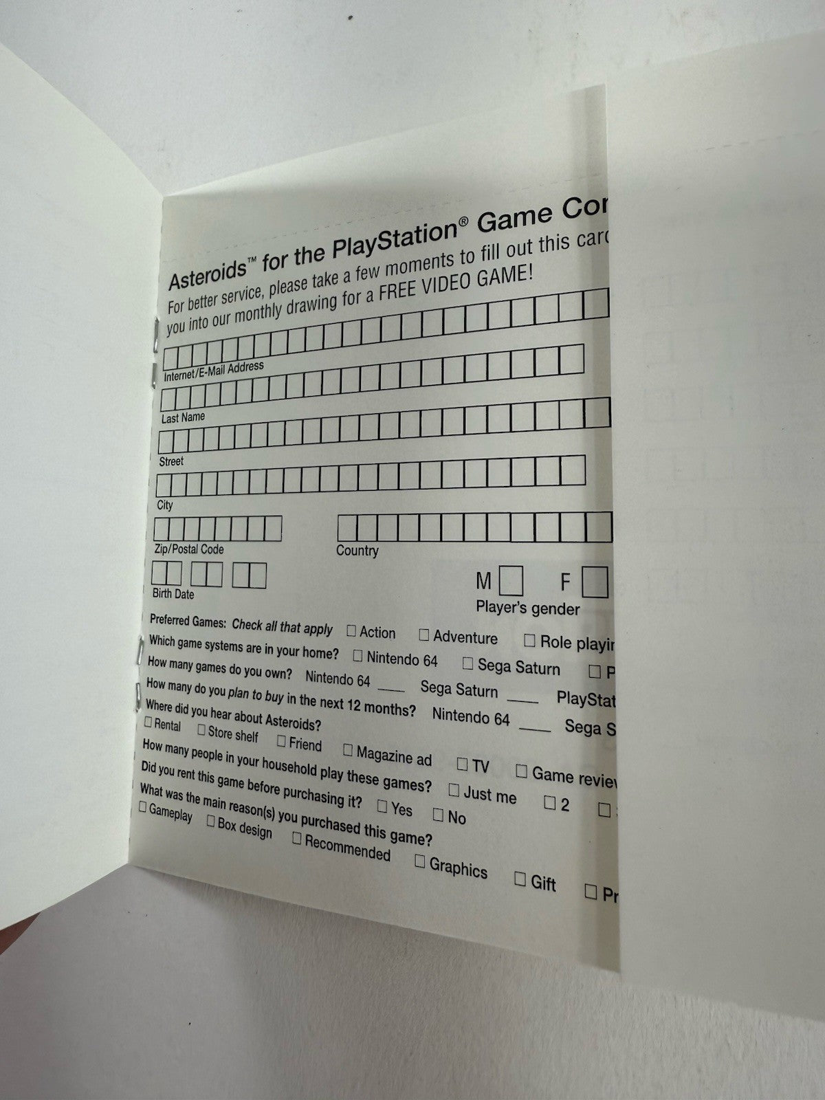 Asteroids (Sony PlayStation 1, 1998) Game Case Manual Registration Card - Tested