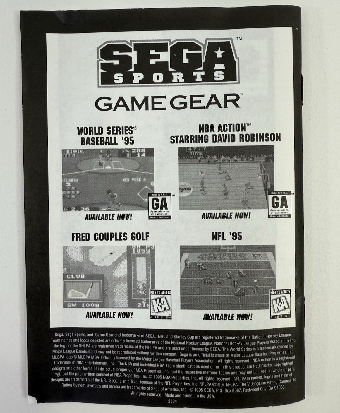 NHL All-Star Hockey (Game Gear, 1995) Box, Manual, Registration, Insert Only