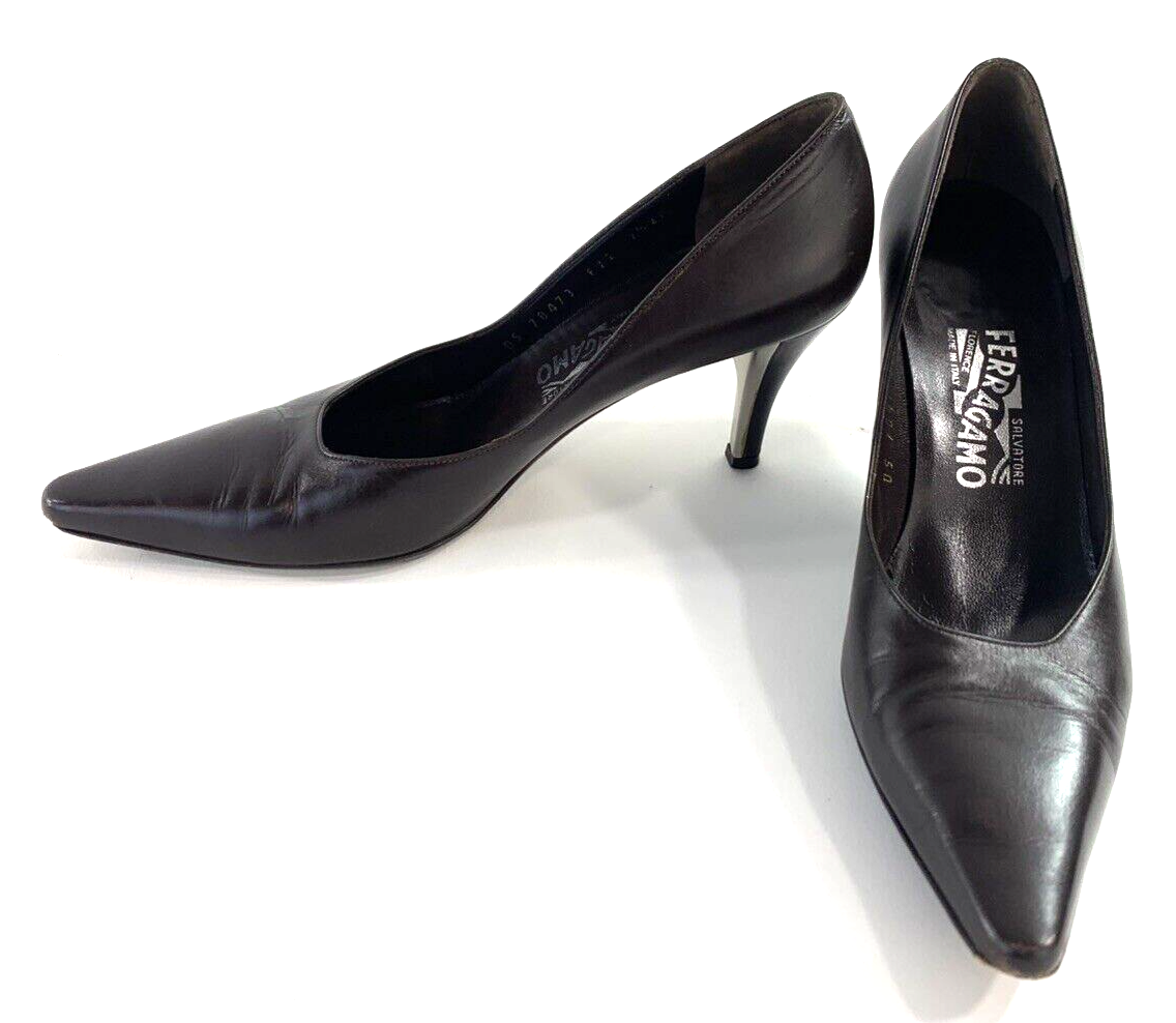 Salvatore Ferragamo Size 7.5 AA Brown Leather Heels Pointed Toe Dress Shoes