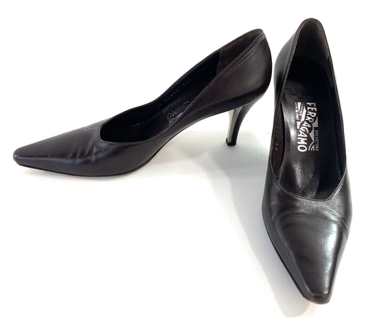 Salvatore Ferragamo Size 7.5 AA Brown Leather Heels Pointed Toe Dress Shoes