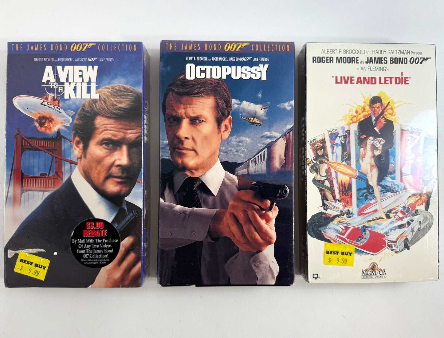 Three VHS tapes from the James Bond collection on a white background